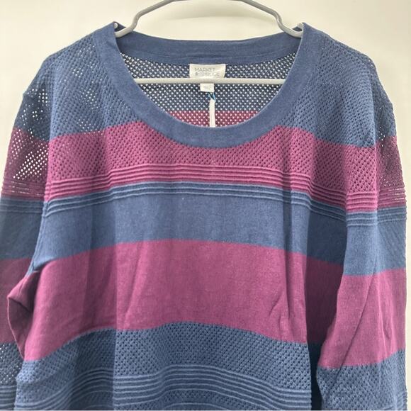 Market & Spruce Burgundy & Navy Striped Colorblock Open Knit Long Sleeve Sweater - Picture 2 of 7